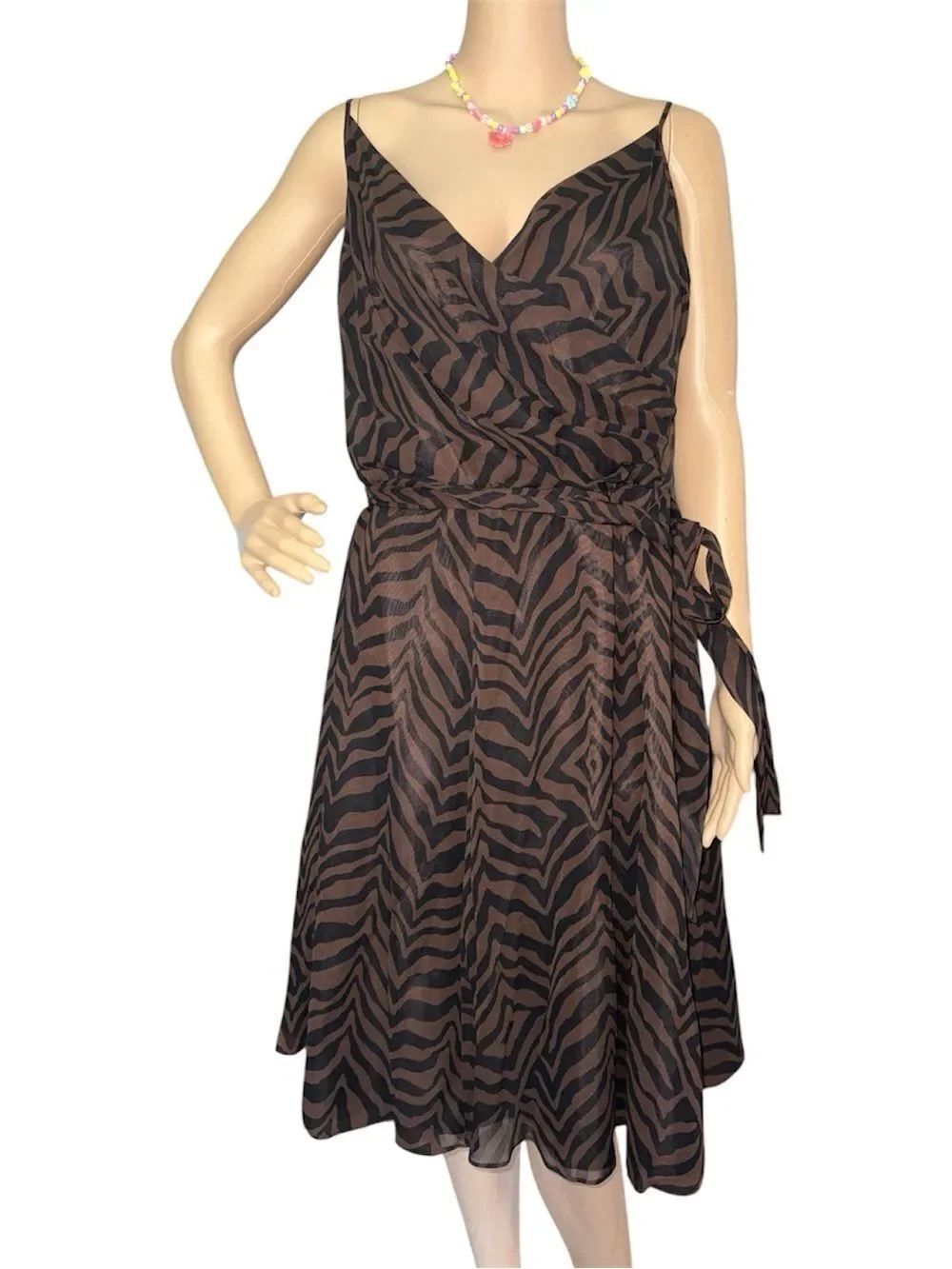 Pure Silk black Brown Zebra-Print Midi Dress Side Tie date night Silk layer